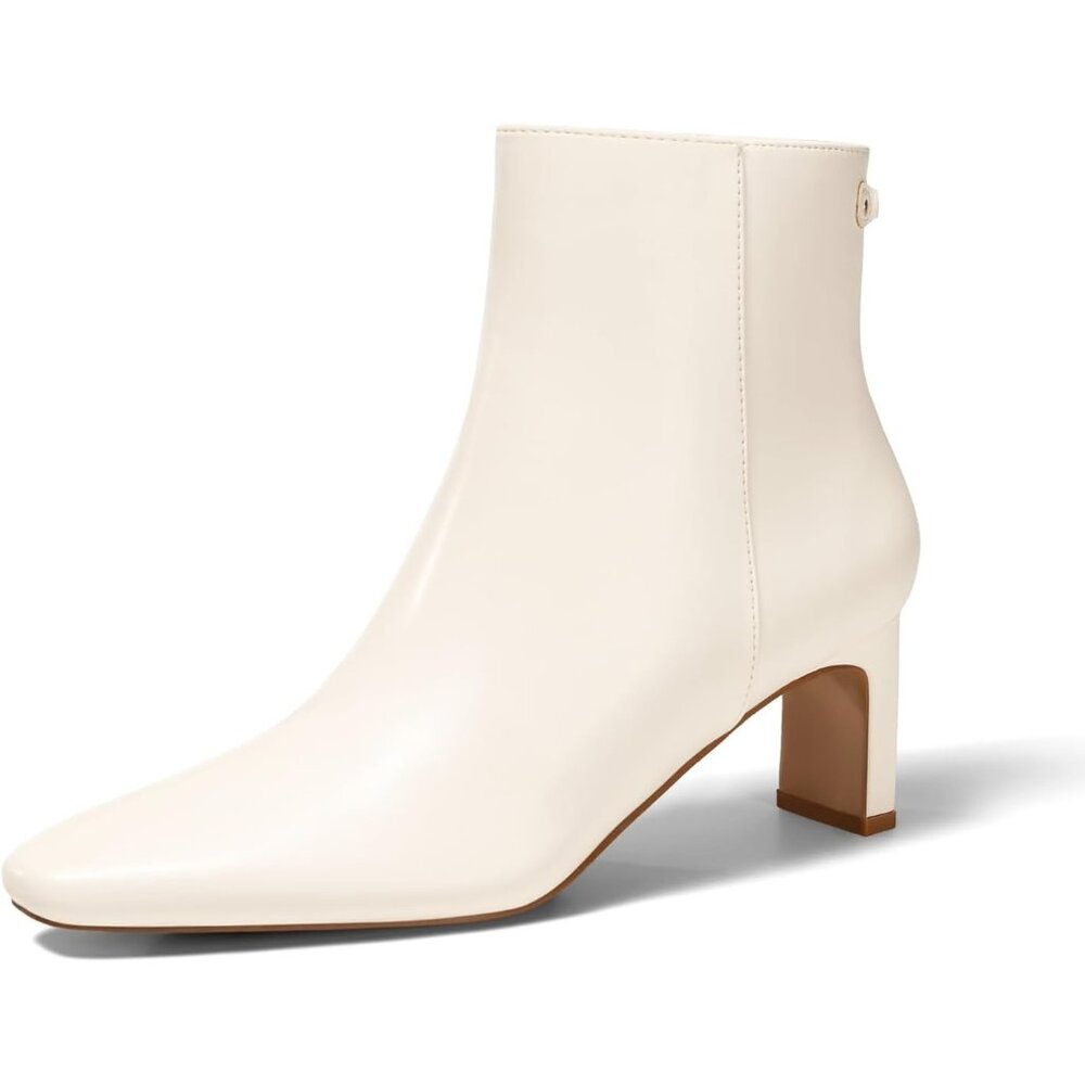 Women's Beige Ankle Boots Chunky Heel Closed Toe Booties Side Zipper Win